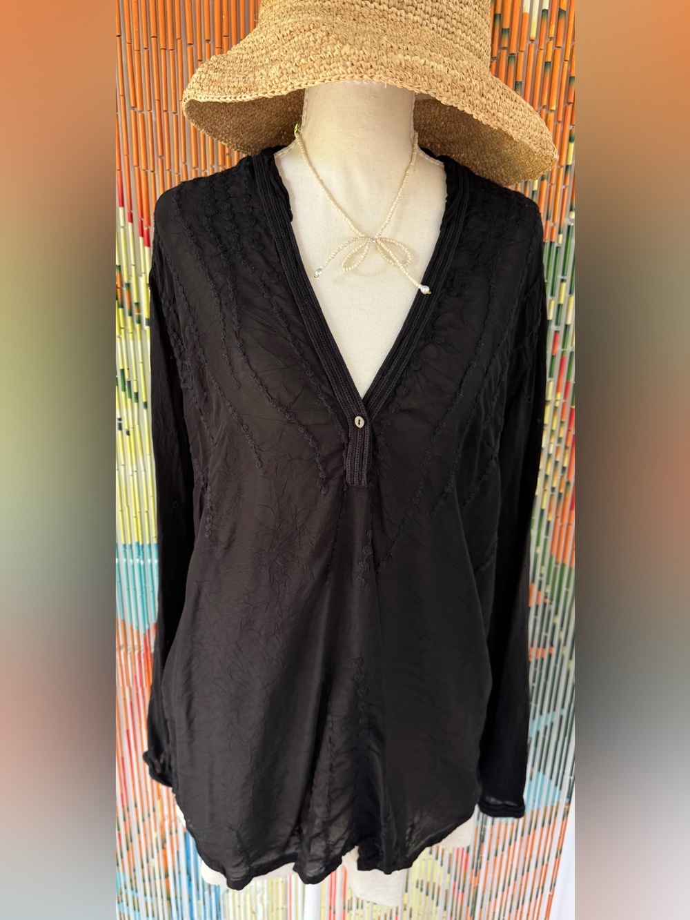 Johnny Was Black V-Neck Embroidered Tunic Top